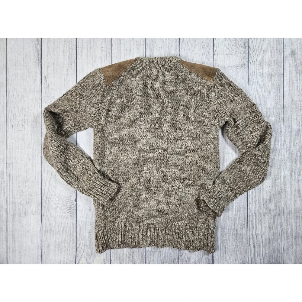J. Crew Sweater Mens S Tan Brown Wool Alpaca Leather Shoulder Patch Crewneck